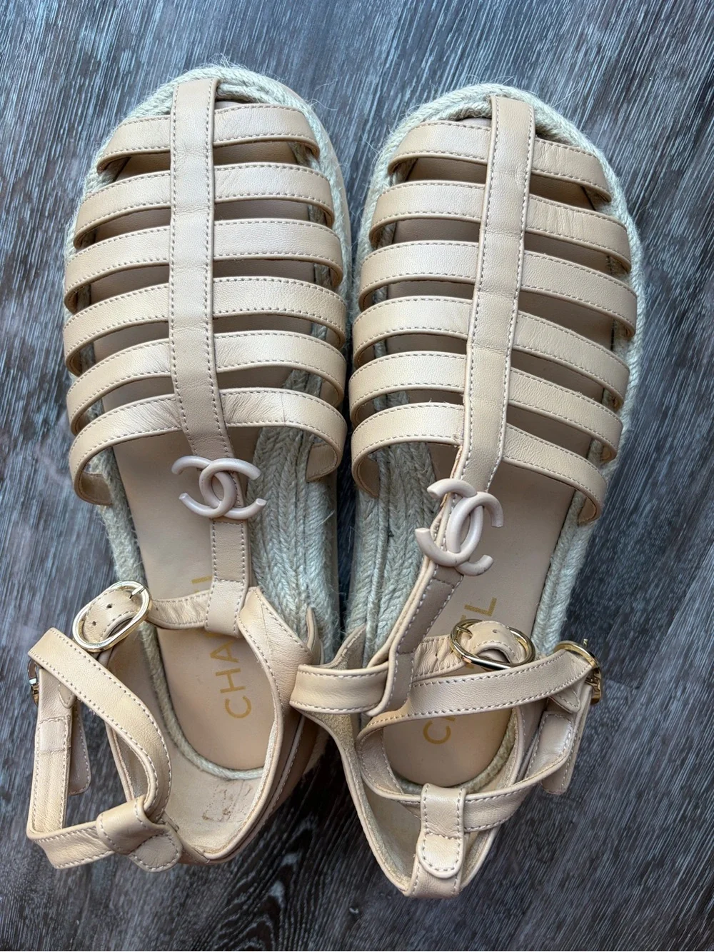 CHANEL Tan Leather Strappy Espadrille Sandals with CC Emblem